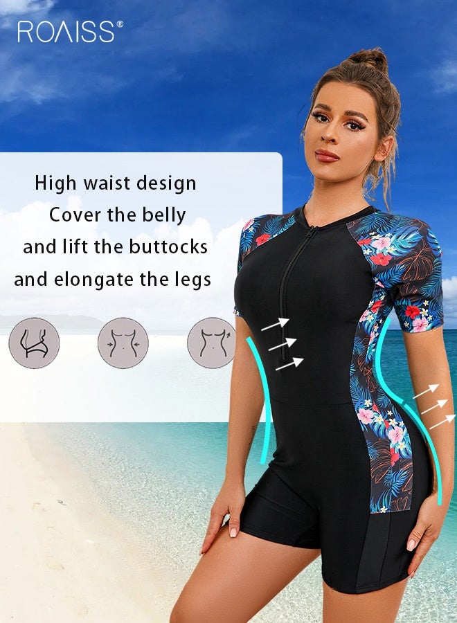roaiss Women One Piece Swimsuit Color Block Surf Clothes Short Sleeve Swimwear Conservative Beachwear Bathing Suit Sports Suits Jumpsuit Comfortable and Breathable Red Floral - Image 3