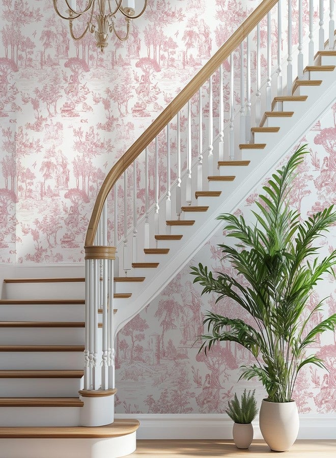 وينمر ورق جدران وينمر تويل، مقاس 17.7 بوصة × 394 بوصة، وردي وأبيض، سهل اللصق، ورق جدران تويل دو جوي، ورق جدران فرنسي عتيق لغرفة النوم، الجدران، الخلفية، الخزائن، ديكور المنزل - Image 2