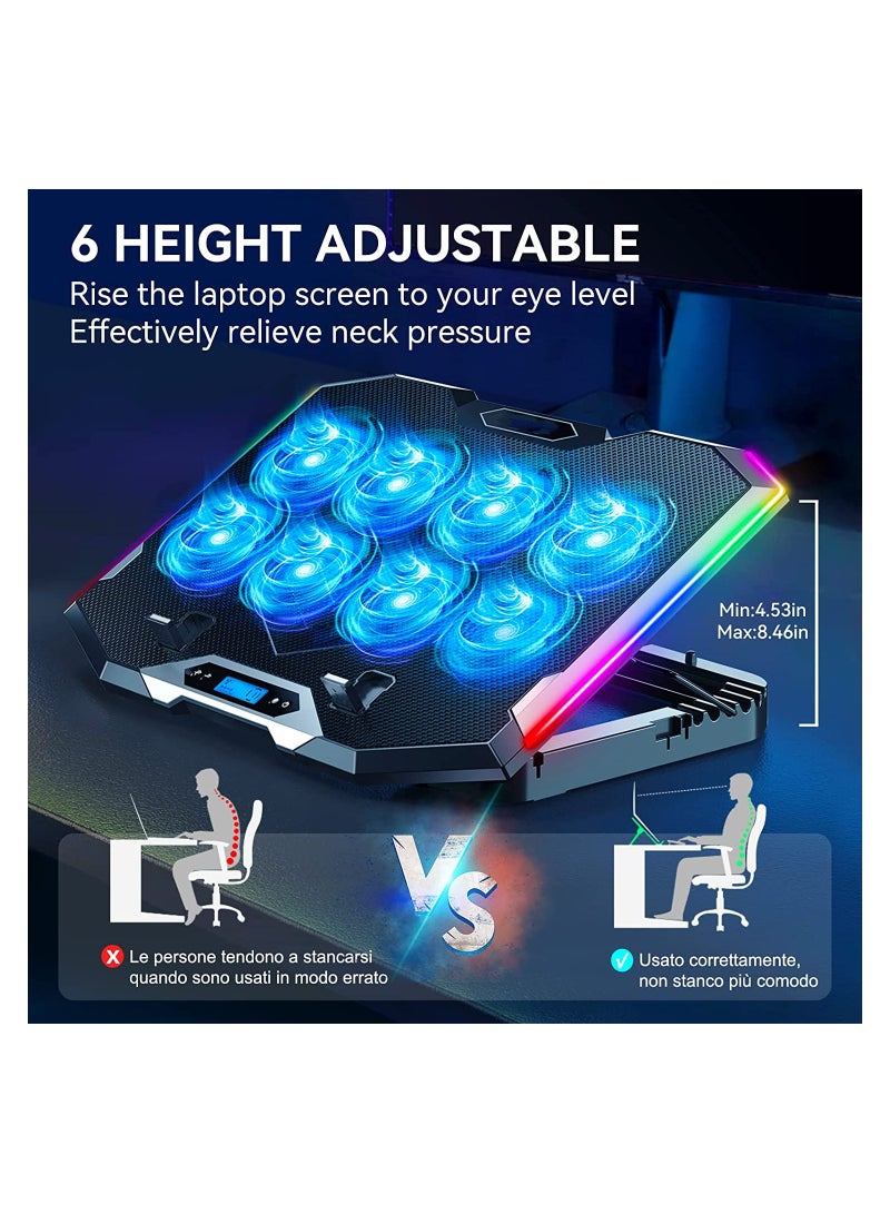 Luckam وسادة تبريد لابتوب الألعاب، مع 8 مراوح تبريد، وسادة تبريد لابتوب RGB بحجم 15-17.3 بوصة، حامل تبريد لابتوب مع 6 ارتفاعات قابلة للتعديل - Image 4