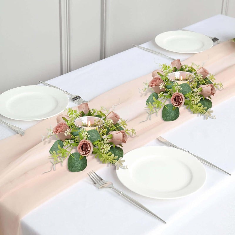OrgMemory 6 Pcs Candle Rings, Artificial Eucalyptus Leaves Wreath, Pillar Candle Holder for Wedding Home Door Tabletop Decoration, Small Candle Rings Wreaths(Dusty Rose) - Image 3