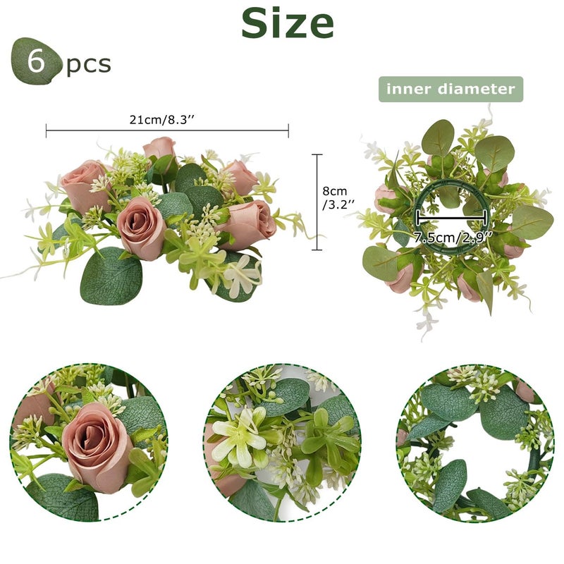 OrgMemory 6 Pcs Candle Rings, Artificial Eucalyptus Leaves Wreath, Pillar Candle Holder for Wedding Home Door Tabletop Decoration, Small Candle Rings Wreaths(Dusty Rose) - Image 2
