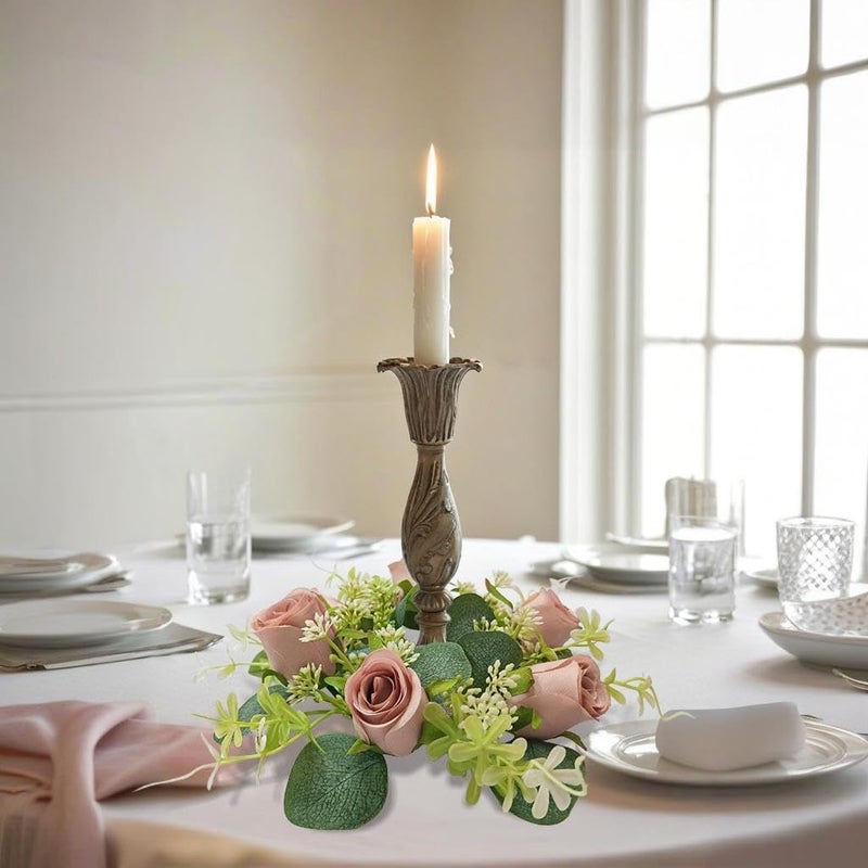 OrgMemory 6 Pcs Candle Rings, Artificial Eucalyptus Leaves Wreath, Pillar Candle Holder for Wedding Home Door Tabletop Decoration, Small Candle Rings Wreaths(Dusty Rose) - Image 4