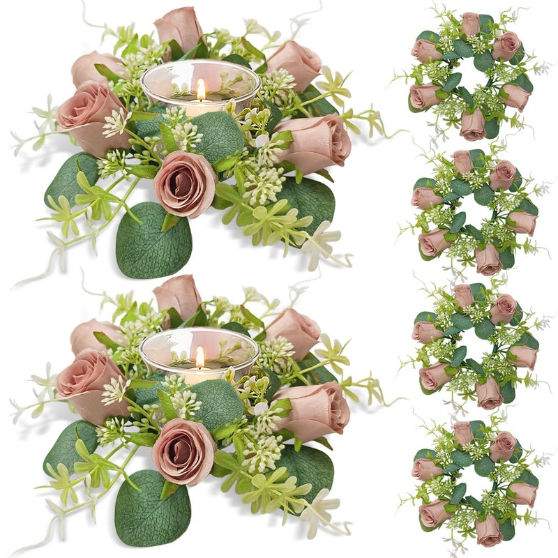 OrgMemory 6 Pcs Candle Rings, Artificial Eucalyptus Leaves Wreath, Pillar Candle Holder for Wedding Home Door Tabletop Decoration, Small Candle Rings Wreaths(Dusty Rose) - Image 1
