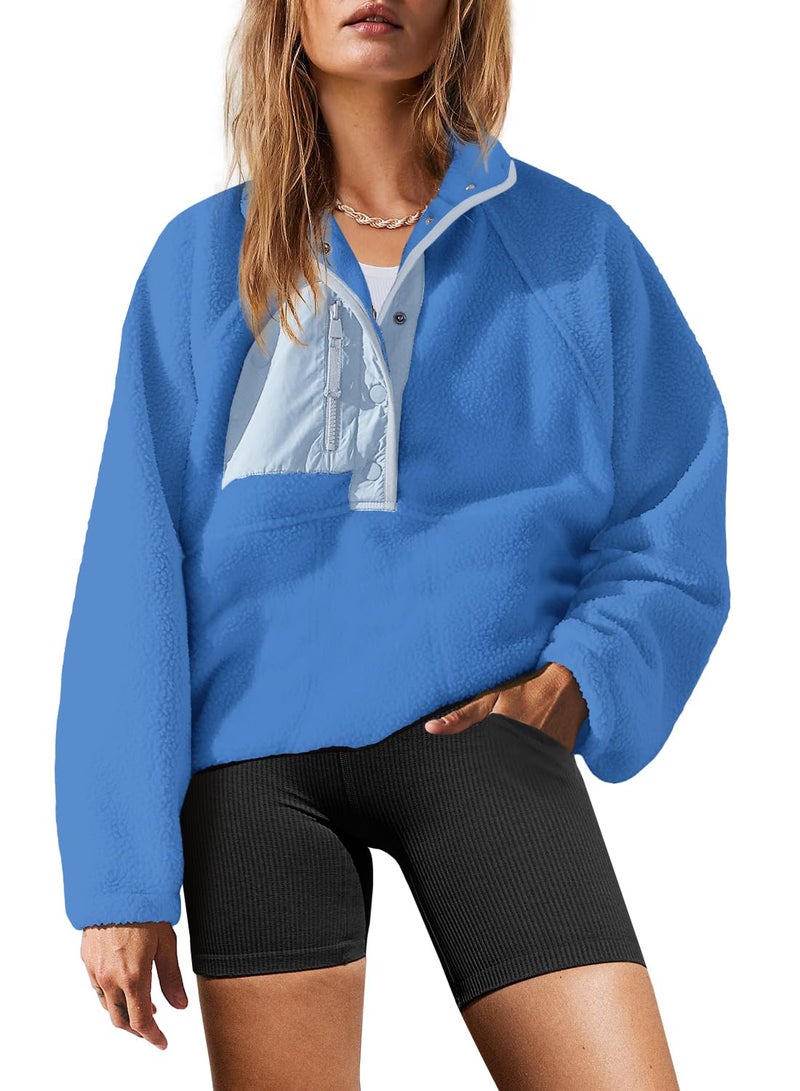 Yanekop Womens Fuzzy Fleece Pullover Sherpa Sweatshirt Long Sleeve Button Down Sweater Winter Fleece Jacket with Pockets(Blue Mixed,L) - Image 1