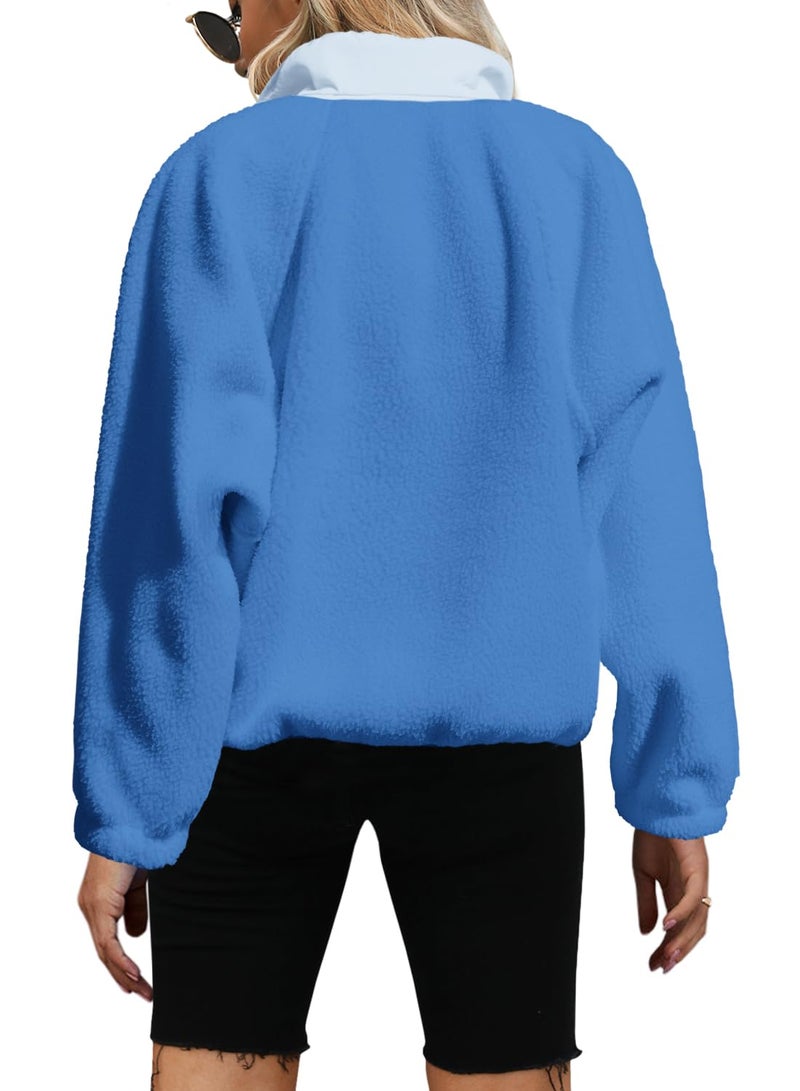 Yanekop Womens Fuzzy Fleece Pullover Sherpa Sweatshirt Long Sleeve Button Down Sweater Winter Fleece Jacket with Pockets(Blue Mixed,L) - Image 2