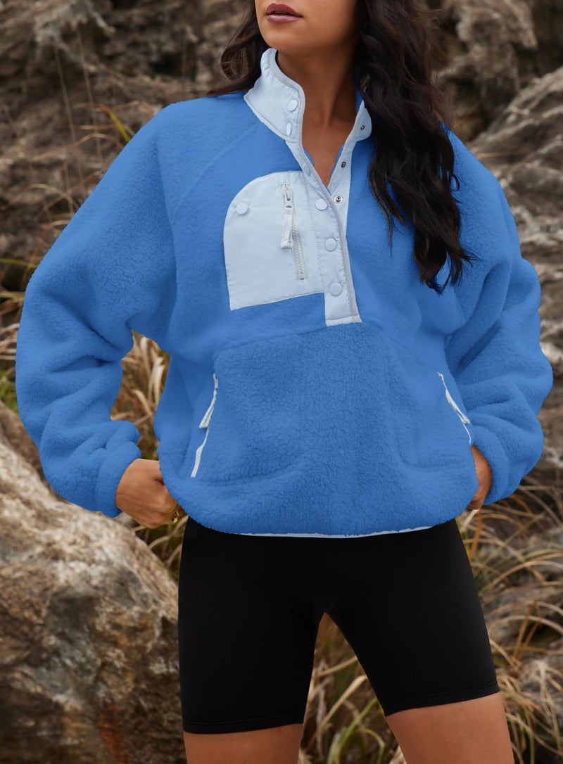 Yanekop Womens Fuzzy Fleece Pullover Sherpa Sweatshirt Long Sleeve Button Down Sweater Winter Fleece Jacket with Pockets(Blue Mixed,L) - Image 5