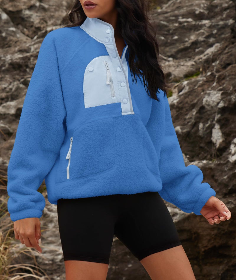 Yanekop Womens Fuzzy Fleece Pullover Sherpa Sweatshirt Long Sleeve Button Down Sweater Winter Fleece Jacket with Pockets(Blue Mixed,L) - Image 4