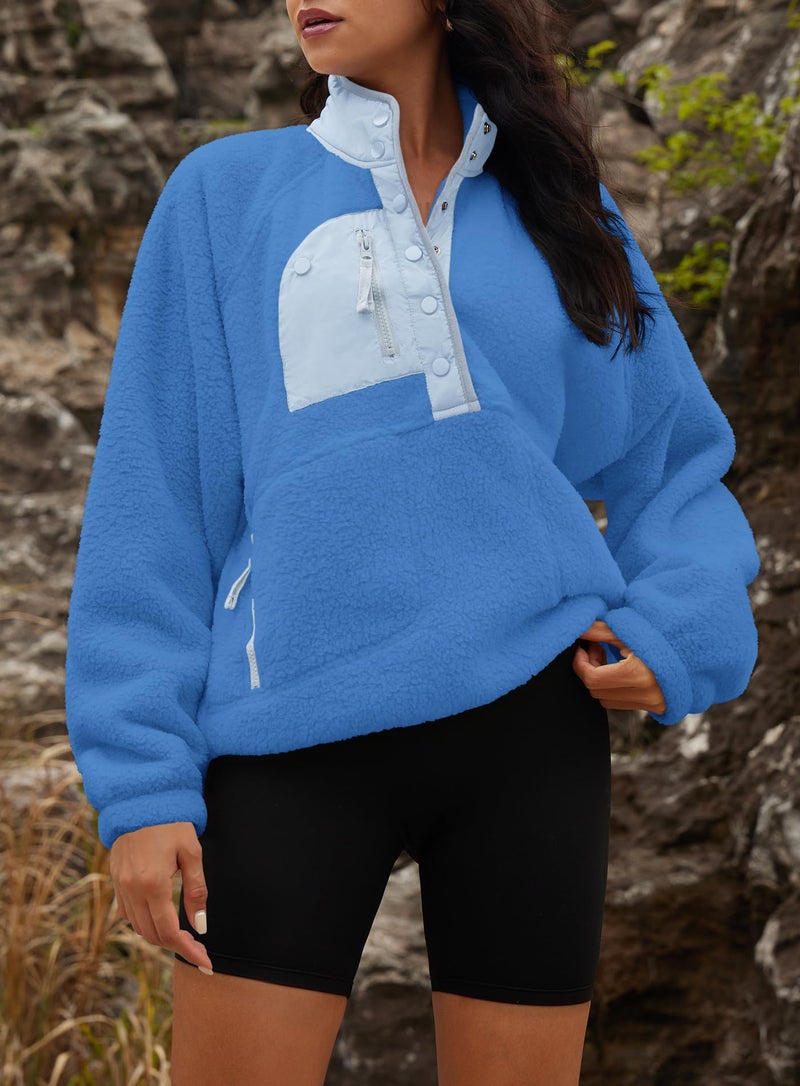 Yanekop Womens Fuzzy Fleece Pullover Sherpa Sweatshirt Long Sleeve Button Down Sweater Winter Fleece Jacket with Pockets(Blue Mixed,L) - Image 3