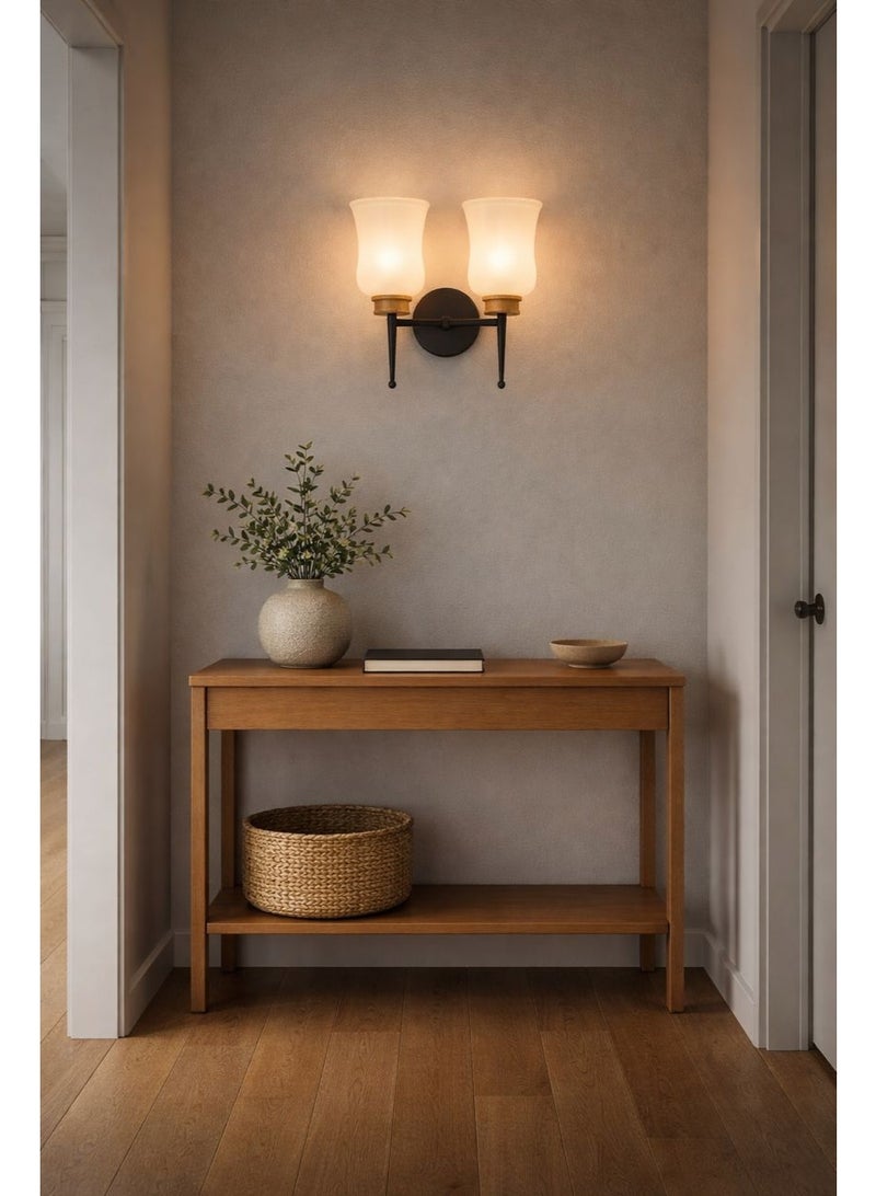 Metal wall light with luxurious wooden details and smooth glass shades using E27 bulbs for refined lighting in hallways and rooms BLACK - Image 5