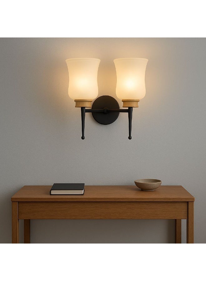 Metal wall light with luxurious wooden details and smooth glass shades using E27 bulbs for refined lighting in hallways and rooms BLACK - Image 4