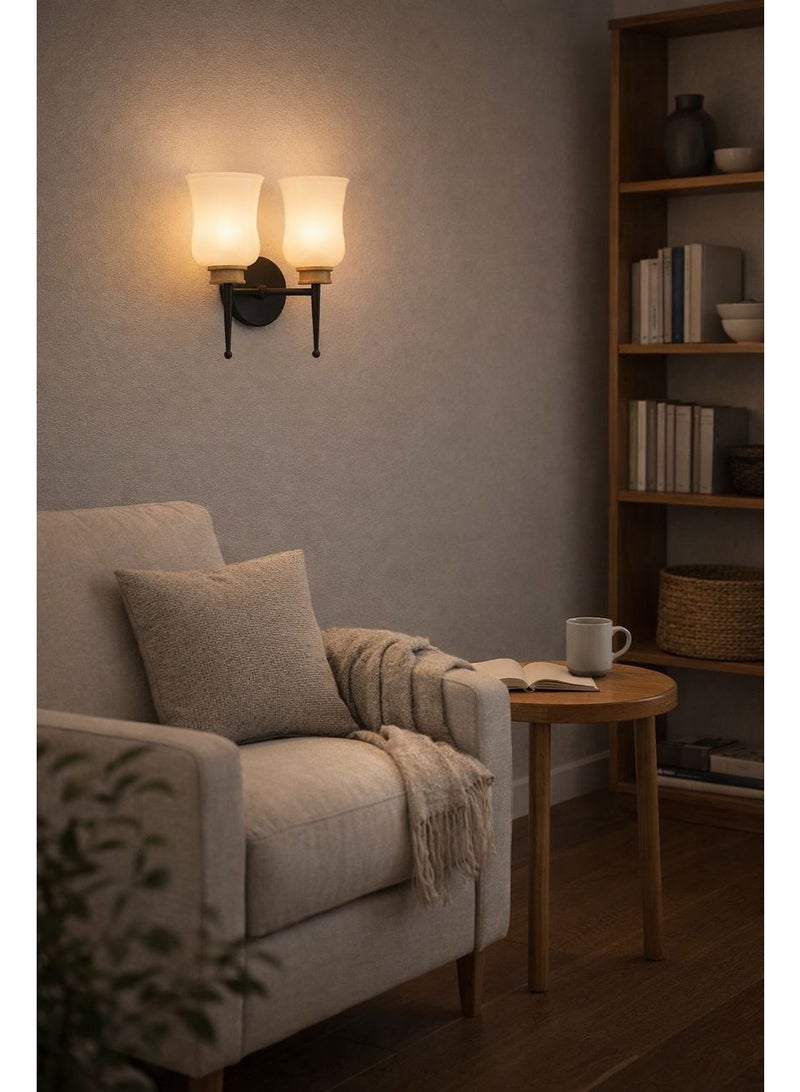 Metal wall light with luxurious wooden details and smooth glass shades using E27 bulbs for refined lighting in hallways and rooms BLACK - Image 3