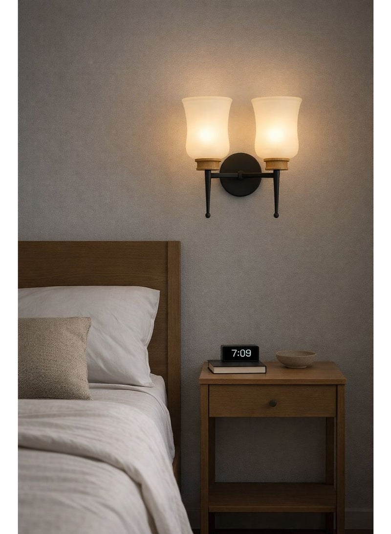 Metal wall light with luxurious wooden details and smooth glass shades using E27 bulbs for refined lighting in hallways and rooms BLACK - Image 1