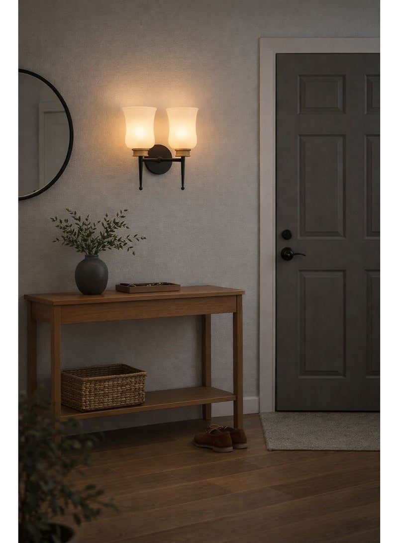 Metal wall light with luxurious wooden details and smooth glass shades using E27 bulbs for refined lighting in hallways and rooms BLACK - Image 2