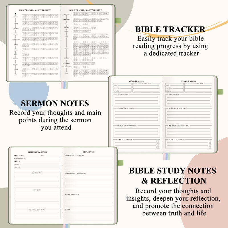 AKONEGE Bible Study Journal - Prayer Journal for Women & Men, A5 Hardcover Church Notebook for Sermon, Scripture & Devotional Notes, Guided Bible Study Notebook for Note Taking, 5.8" x 8.3", Green - Image 3