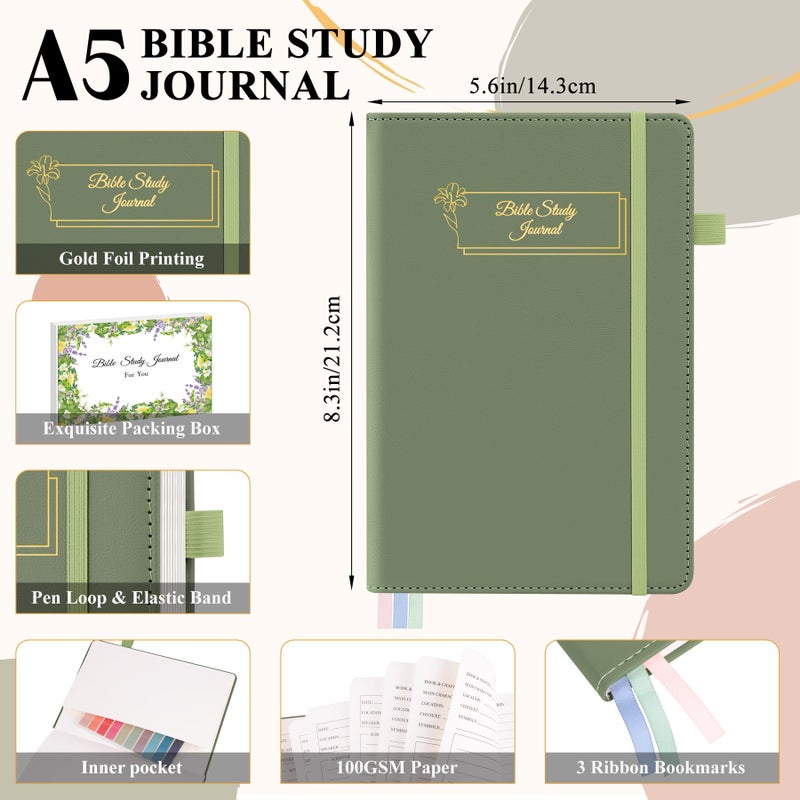AKONEGE Bible Study Journal - Prayer Journal for Women & Men, A5 Hardcover Church Notebook for Sermon, Scripture & Devotional Notes, Guided Bible Study Notebook for Note Taking, 5.8" x 8.3", Green - Image 2