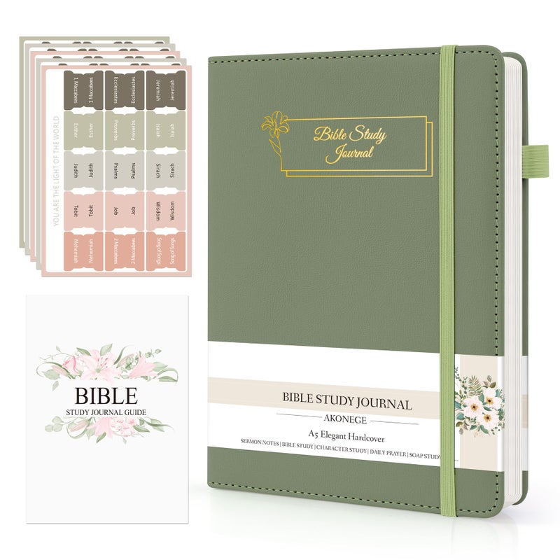AKONEGE Bible Study Journal - Prayer Journal for Women & Men, A5 Hardcover Church Notebook for Sermon, Scripture & Devotional Notes, Guided Bible Study Notebook for Note Taking, 5.8" x 8.3", Green - Image 1