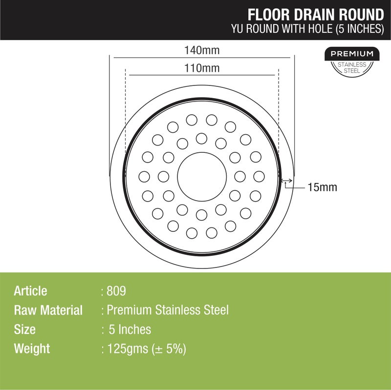 LIPKA Pack of 2 YU Round Floor Drain |Premium Stainless Steel|5 x 5 Inches|with Hole| - Image 2