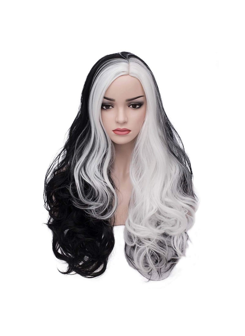 MAGQOO - MAGQOO Black White Wig for Women Long Curly Wavy Black White Wig Halloween Cosplay Costume Party Wigs - Image 1