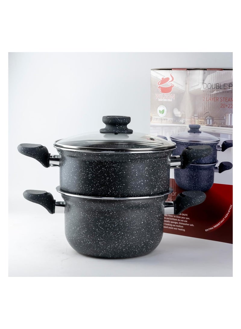 Wilson Wilson 2-Tier Aluminium Nonstick Steamer Pot – Steam Cooker with Glass Lid for Vegetables, Dim Sum, and Food Preparation (20cm & 22cm)  - Image 2