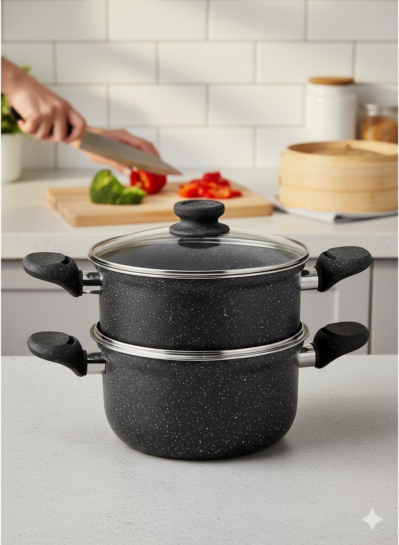 Wilson 2-Tier Aluminium Nonstick Steamer Pot – Steam Cooker with Glass Lid for Vegetables, Dim Sum, and Food Preparation (20cm & 22cm) - Image 2