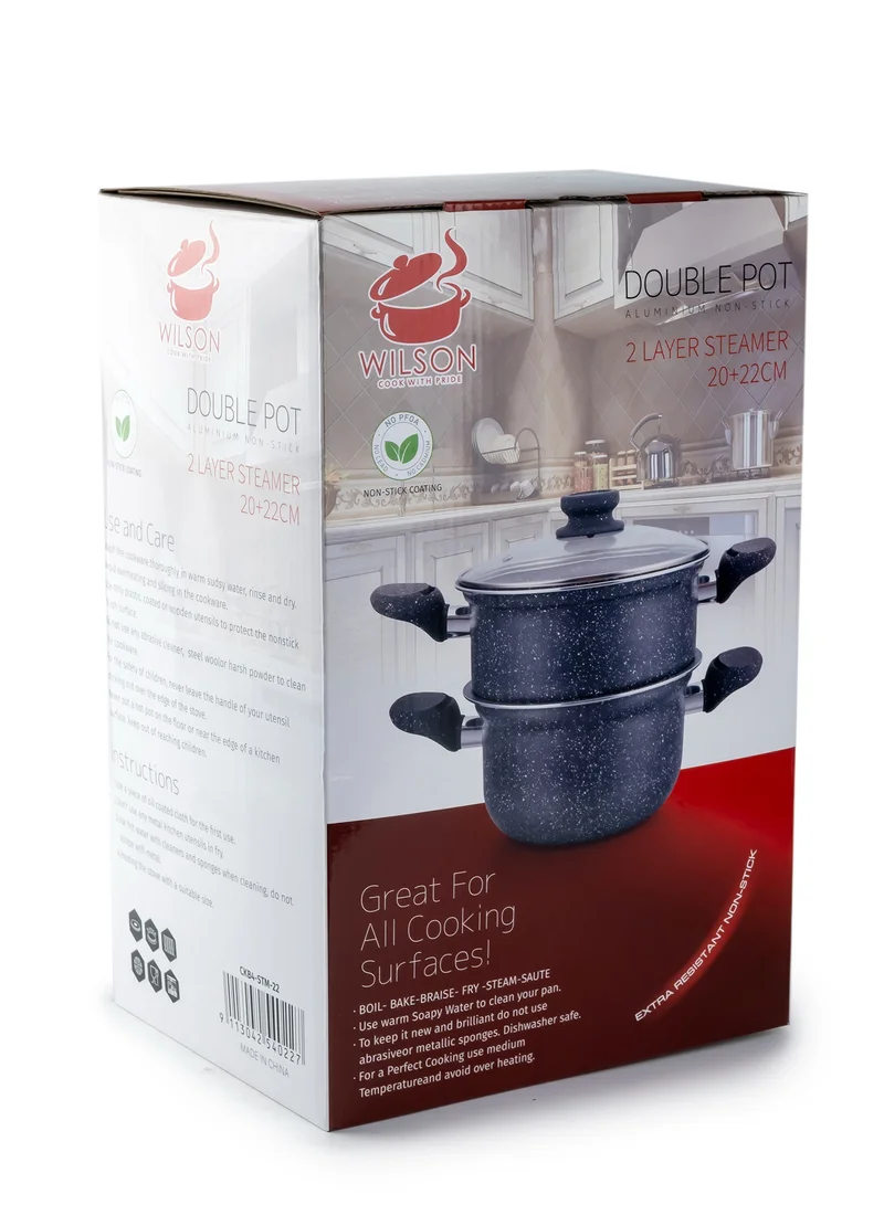 Wilson  Wilson 2-Tier Aluminium Nonstick Steamer Pot – Steam Cooker with Glass Lid for Vegetables, Dim Sum, and Food Preparation (20cm & 22cm)  | Best Price UAE