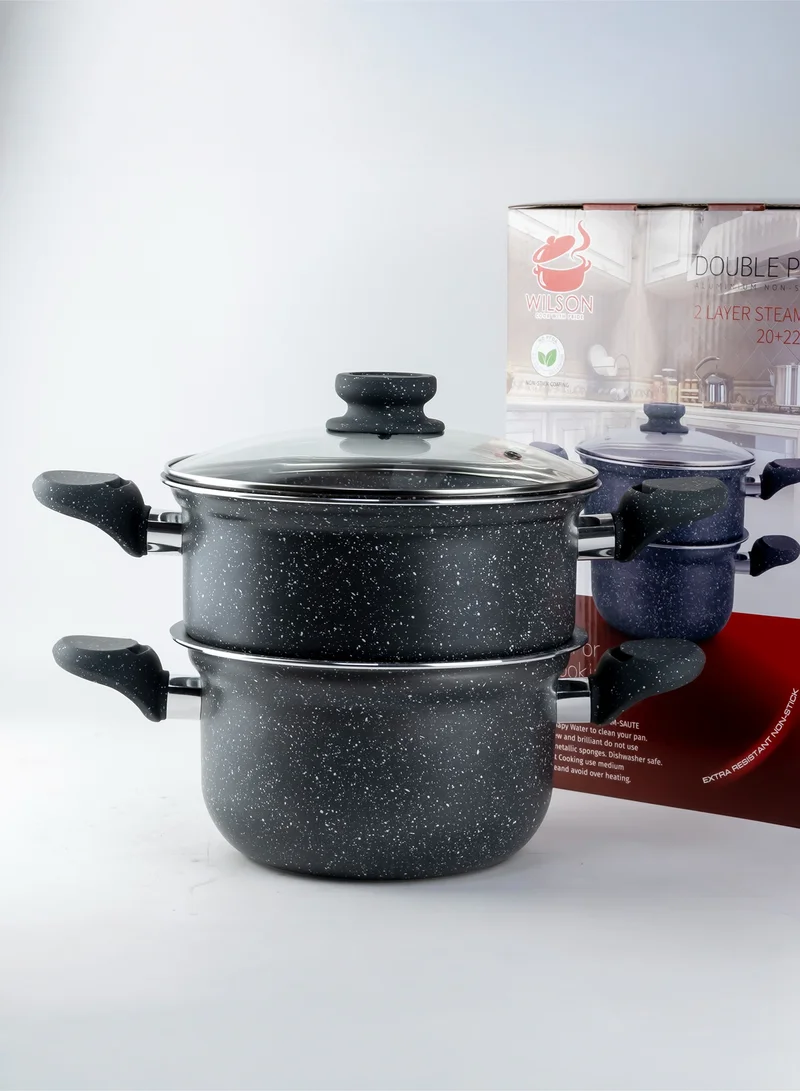 Wilson  Wilson 2-Tier Aluminium Nonstick Steamer Pot – Steam Cooker with Glass Lid for Vegetables, Dim Sum, and Food Preparation (20cm & 22cm)  | Best Price UAE