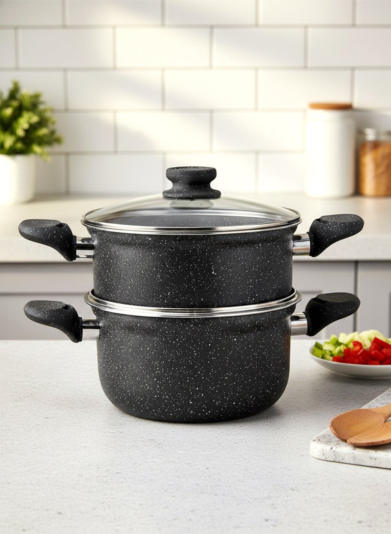 Wilson 2-Tier Aluminium Nonstick Steamer Pot – Steam Cooker with Glass Lid for Vegetables, Dim Sum, and Food Preparation (20cm & 22cm) - Image 1