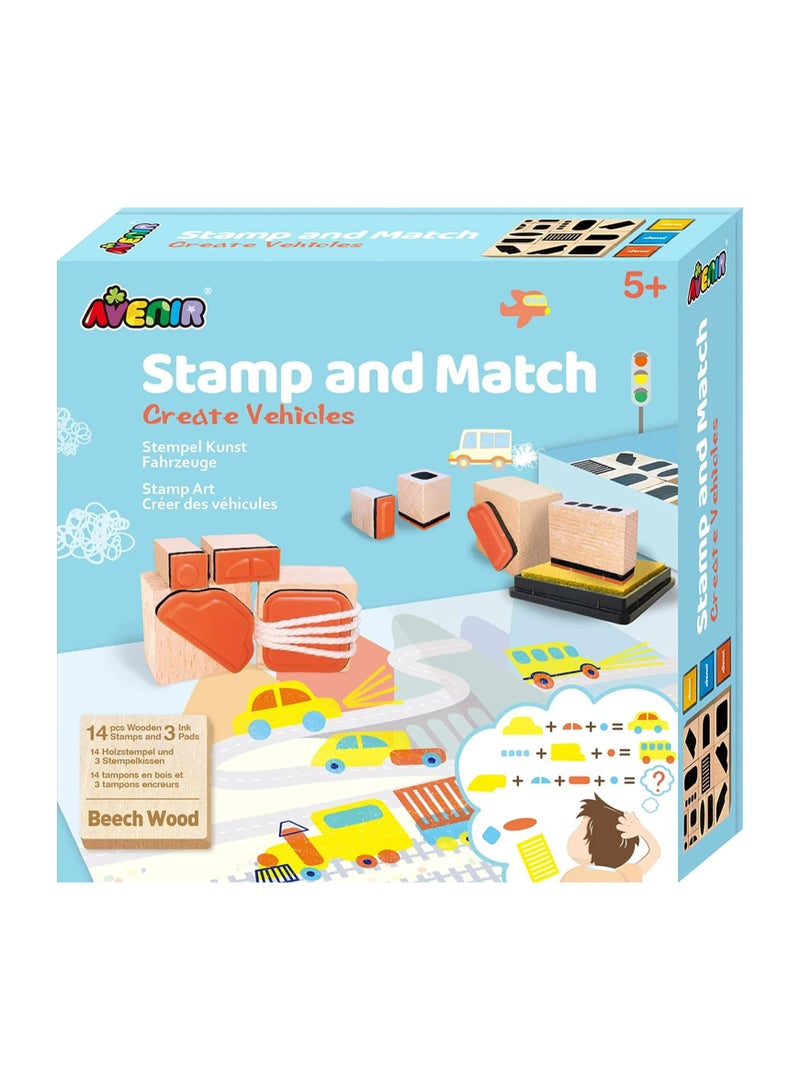 Avenir Stamp and Match Create Vehicles Craft Imaginative Vehicles With 15 Wooden Stamps, Spark Imagination & Cognitive Development Exciting Craft Kit for Kids 3+ - Image 1