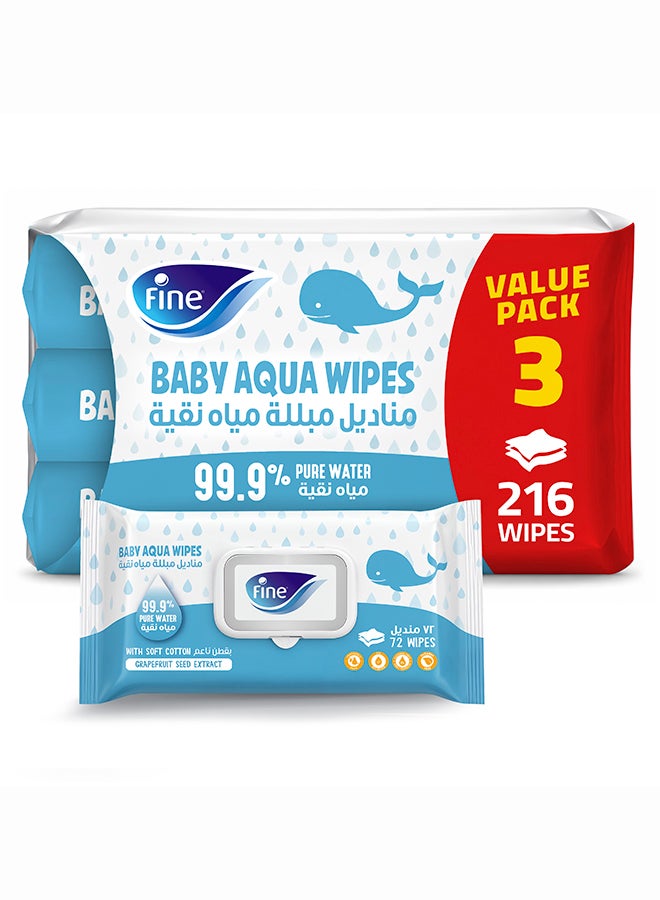 Fine Baby Aqua Wipes 99.9% Pure Water 3 x 72 Wipes - Image 1