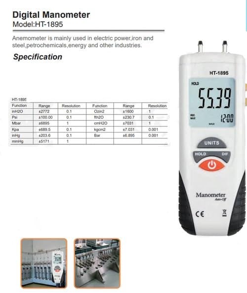 LABART Digital Manometer, HT-1895 with Certificate Dual Port Air Pressure Meter HVAC Gas Tester, 11 Selectable Measure Units Large LCD Display with Backlight (Range-±100 PSI) with Certificate - Image 2
