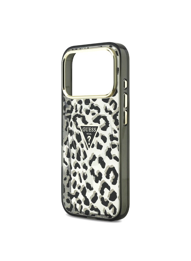 جس جراب أصلي مرخص من Guess لهاتف آيفون 17 برو، يدعم الشحن الآمن M-safe، بشعار مثلث لامع ونقشة جلد النمر. - Image 2