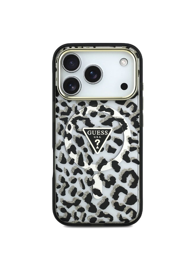 جس جراب أصلي مرخص من Guess لهاتف آيفون 17 برو، يدعم الشحن الآمن M-safe، بشعار مثلث لامع ونقشة جلد النمر. - Image 5