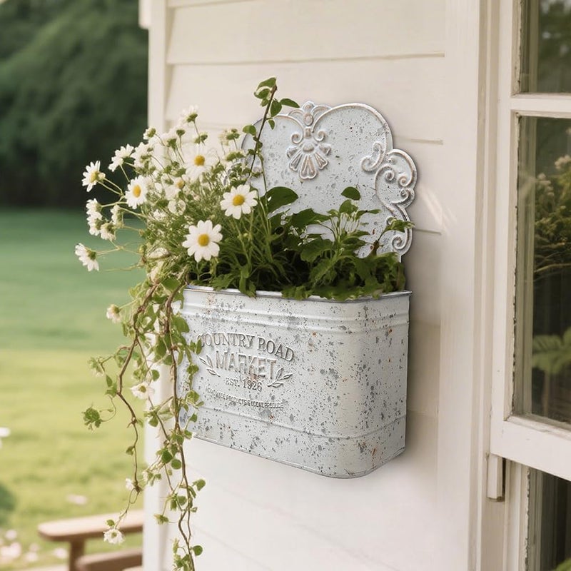 All Chic Set of 2 Metal Hanging Wall Planters Outdoor Indoor Mail Wall Mounted Planter Antique Shabby Chic Wall Decor (White Gold) - Image 4
