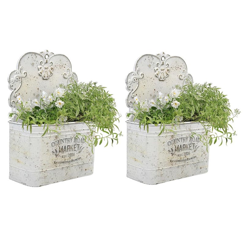All Chic Set of 2 Metal Hanging Wall Planters Outdoor Indoor Mail Wall Mounted Planter Antique Shabby Chic Wall Decor (White Gold) - Image 1