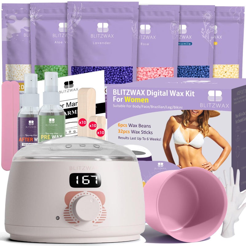 BLITZWAX Brazilian and Bikini Waxing Kit for Women, Hard Wax Warmer for Face, Legs, and Body, At Home Hair Removal Kit, Beginner Friendly, Quick Heating, 6 Packs Wax Beads - Image 1