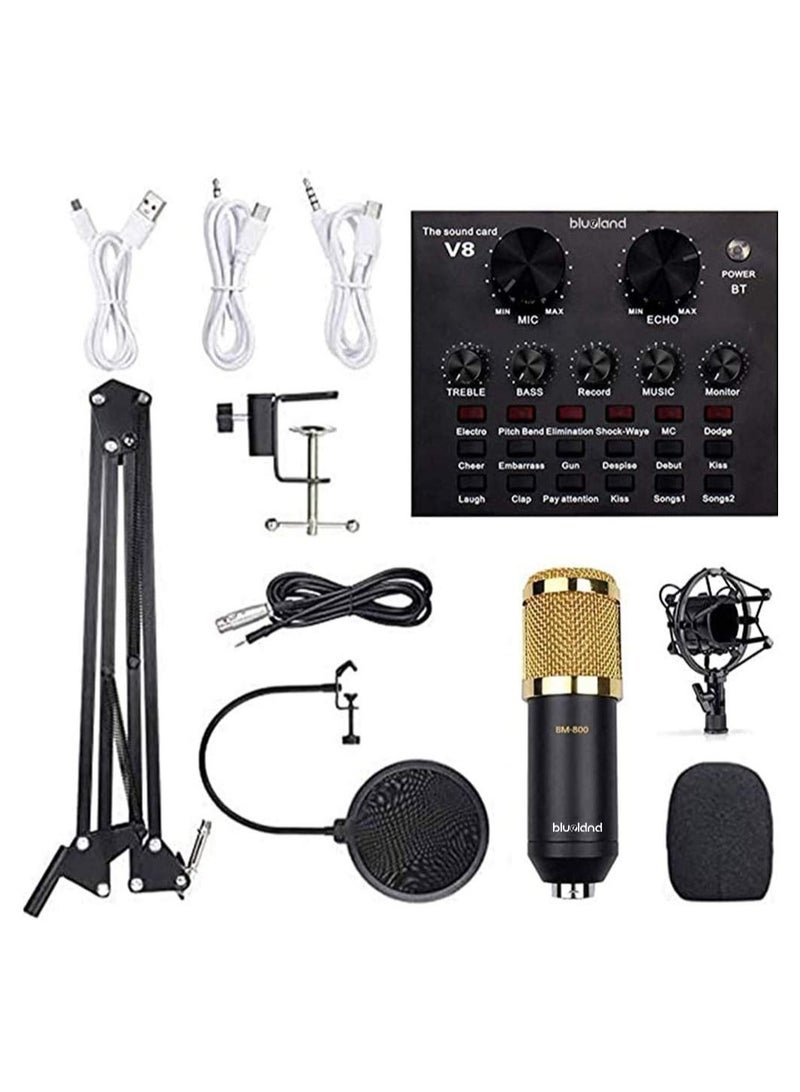 Gravity Blueland Microphone,Live Sound Card & BM800 Suspension Microphone Kit Broadcasting Recording Condenser Microphone Set Intelligent Volume Audio Mixer Sound Card for Computer PC Live Sound - Image 1