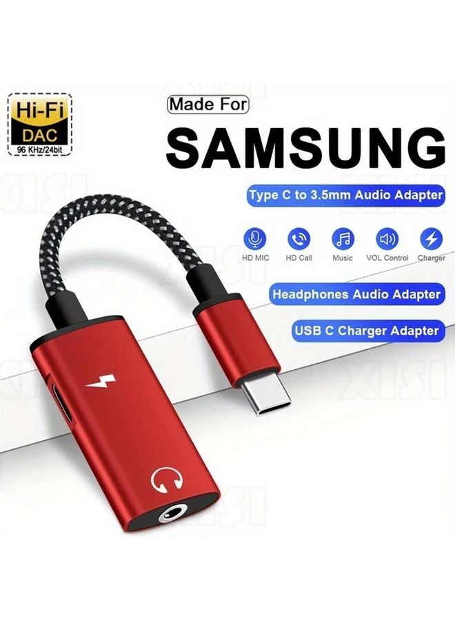 Red OTG USB C Splitter 2 in 1 Type C to 3 5mm Headphone Audio Adapter Fast Charge for Galaxy iPhone - Image 1