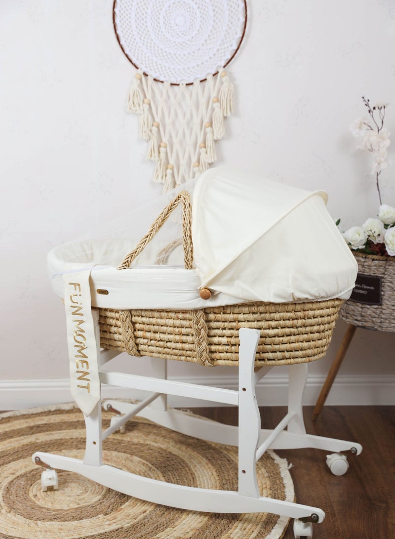 FUN MOMENT Baby cradle Moses basket for children with mosquito net with white holder with wheels - Image 2