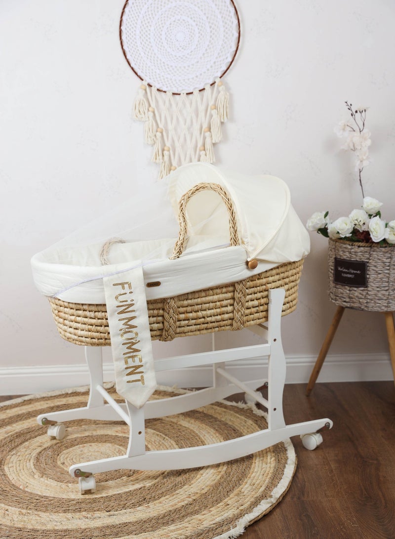 FUN MOMENT Baby cradle Moses basket for children with mosquito net with white holder with wheels - Image 1