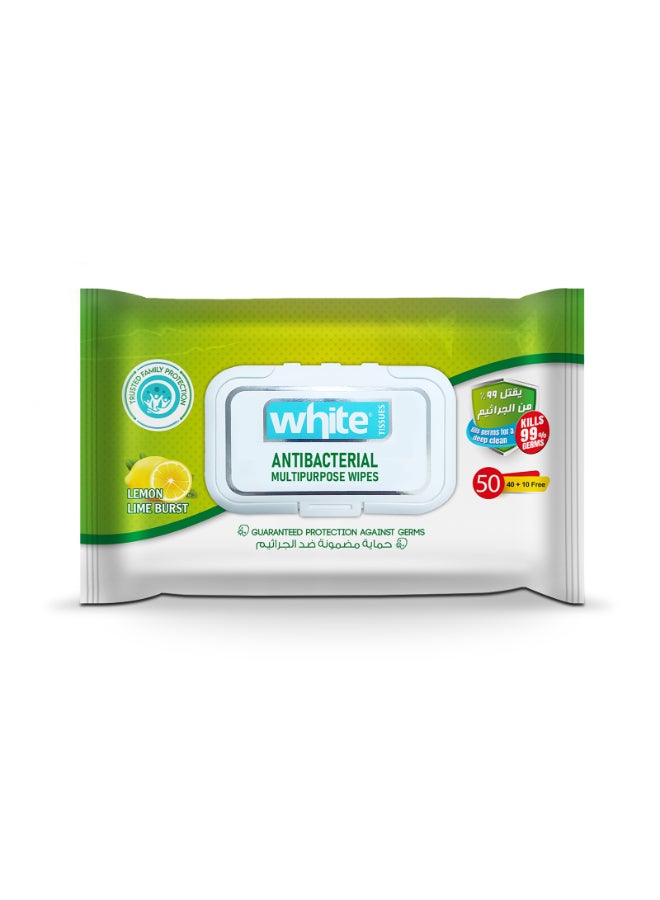 White مناديل مبللة بيضاء مضادة للبكتيريا برائحة الليمون 50 سحب - Image 1