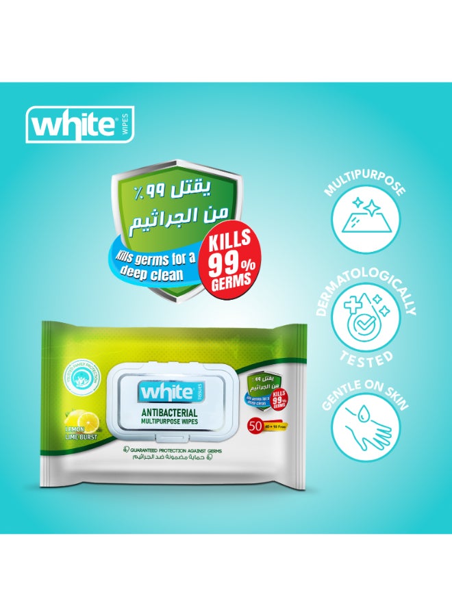 White مناديل مبللة بيضاء مضادة للبكتيريا برائحة الليمون 50 سحب - Image 4