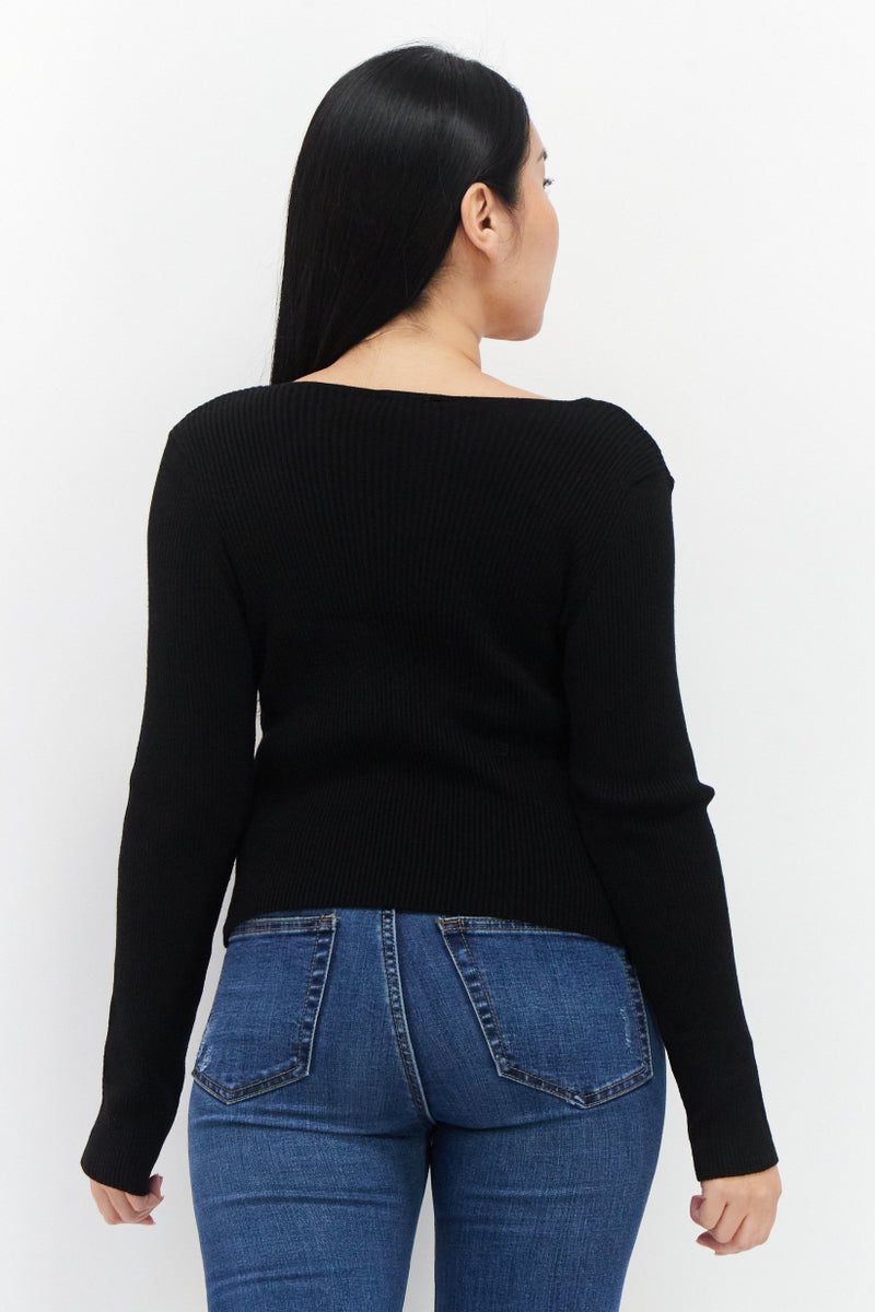 NA-KD Pamela x NA-KD Reborn Women Horseshoe Neckline Long Sleeves Ribbed Top, Black - Image 2