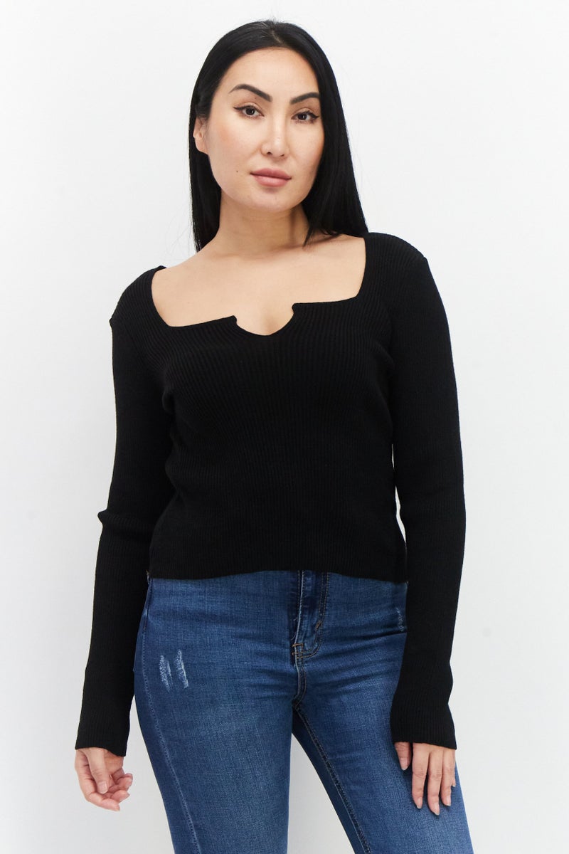 NA-KD Pamela x NA-KD Reborn Women Horseshoe Neckline Long Sleeves Ribbed Top, Black - Image 1