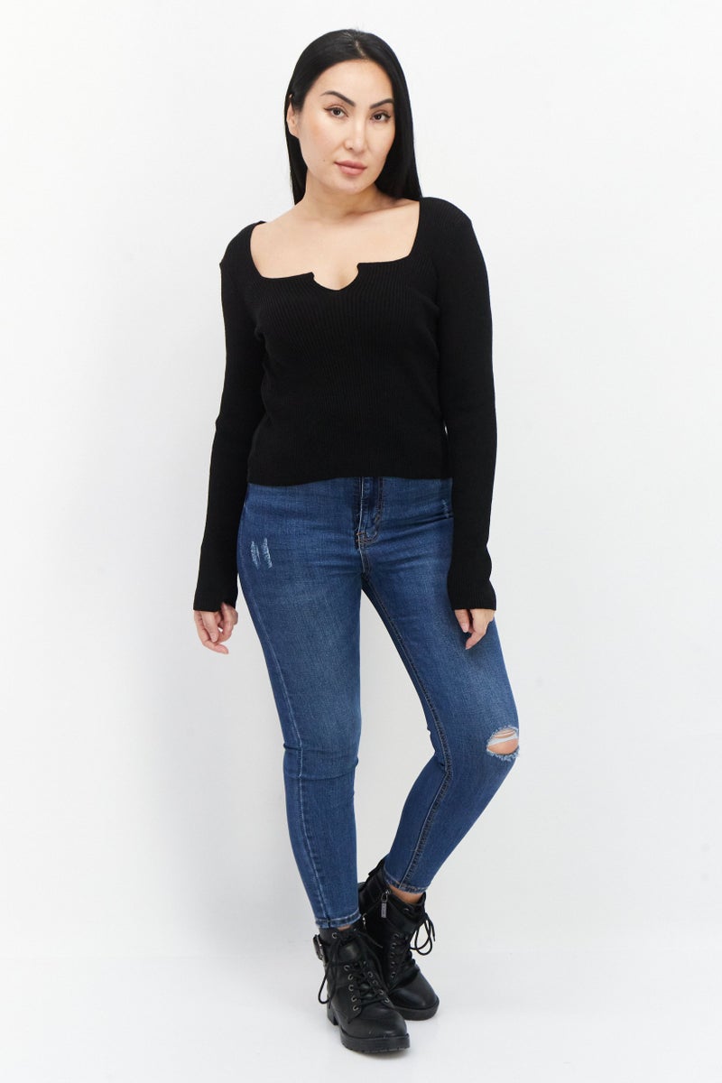 NA-KD Pamela x NA-KD Reborn Women Horseshoe Neckline Long Sleeves Ribbed Top, Black - Image 3