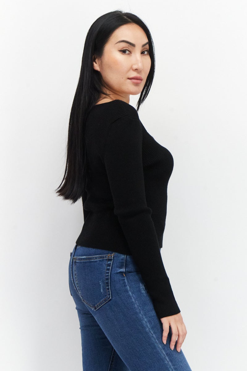 NA-KD Pamela x NA-KD Reborn Women Horseshoe Neckline Long Sleeves Ribbed Top, Black - Image 4