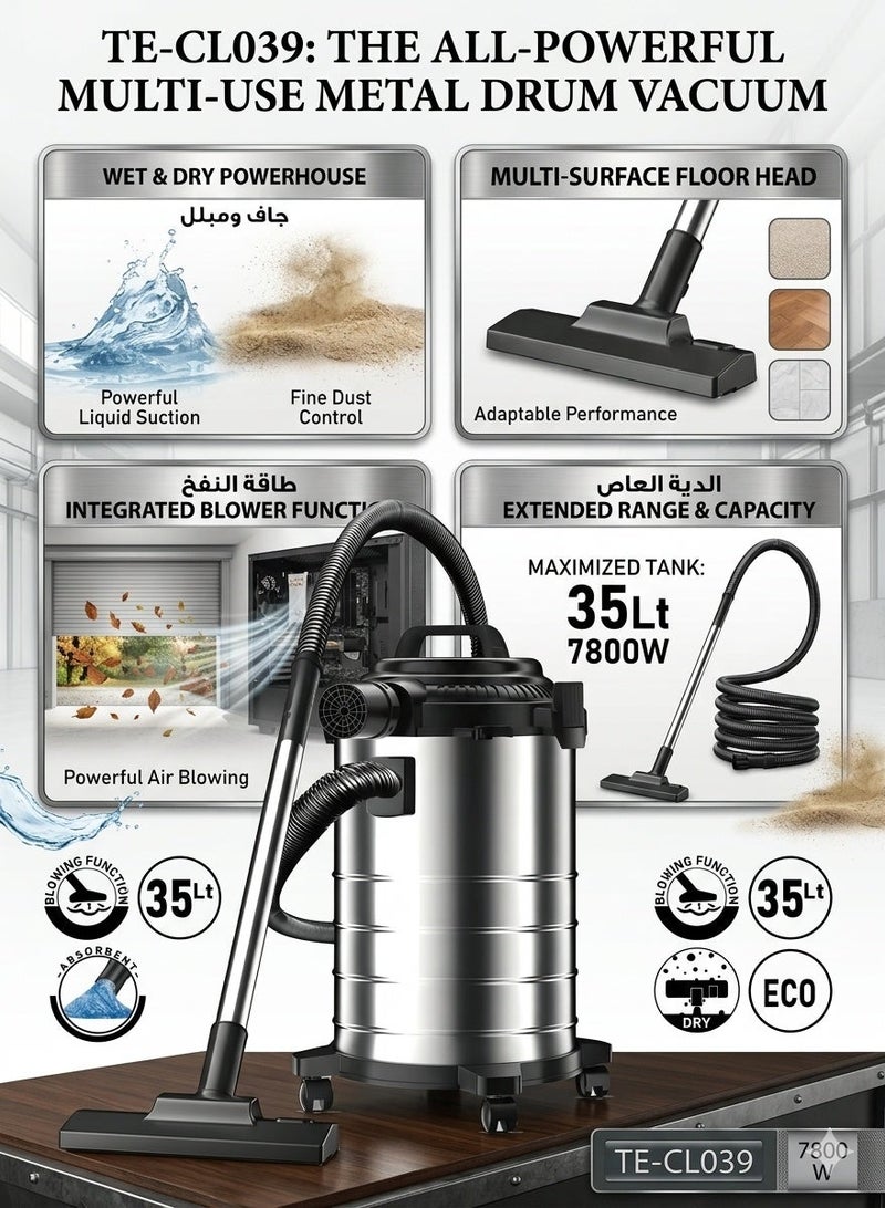 TEFONER High powered vacuum cleaner wet and dry. 35 liter capacity. 7800-watt wet and dry vacuum machine. Eco friendly wet and dry vacuum cleaner. cleaner machine with easy 360 degree maneuverability on wheels. - Image 3