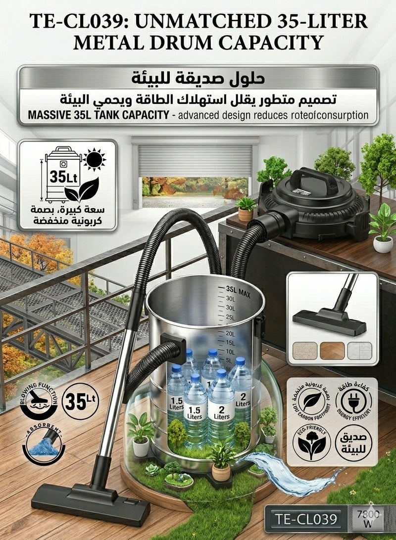 TEFONER High powered vacuum cleaner wet and dry. 35 liter capacity. 7800-watt wet and dry vacuum machine. Eco friendly wet and dry vacuum cleaner. cleaner machine with easy 360 degree maneuverability on wheels. - Image 5