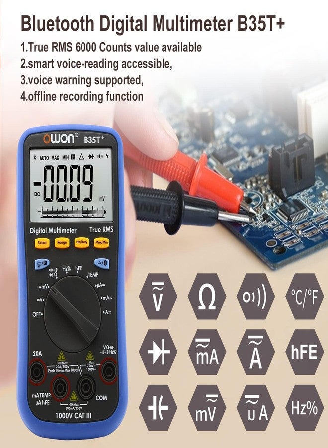 أوون جهاز قياس متعدد رقمي OWON B35T+ مزود بتقنية البلوتوث، 6000 عداد، نطاق تلقائي، مقياس متعدد رقمي ذكي بتردد RMS حقيقي، مزود بتقنية البلوتوث 4.0 (لأجهزة Android وiOS) ووظيفة تسجيل البيانات دون اتصال بالإنترنت - Image 3