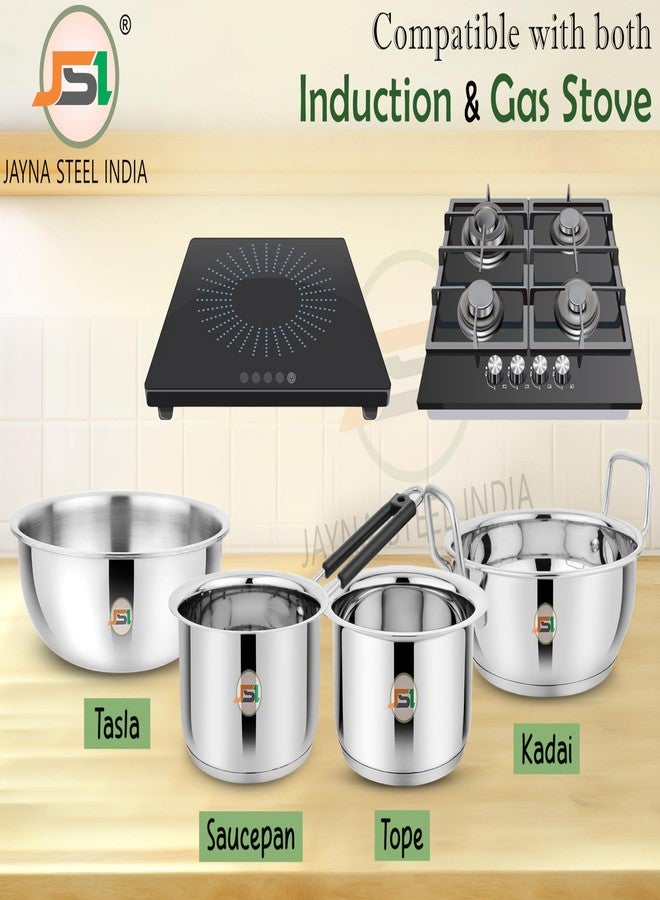 JSI Stainless Steel 4 Pcs Cookware Set: Kadhai 2 LTR, Milk Tope 1.6 LTR, Tea Saucepan 1.6 LTR & Triply Tasla 1.5 LTR - Heavy Guage Induction Base Cookware Without Lids - Durable, Food Safe & Sturdy - Image 4