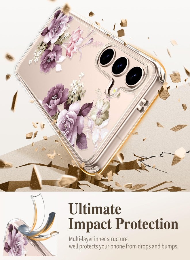 GVIEWIN Compatible with Samsung Galaxy S25 Case 6.2" 2025, with Screen & Camera Lens Protector, Non-yellow Flower Clear Anti-Scratch Shockproof Bumper Protective Girls Cover, Cherry Blossoms/Purple - Image 4